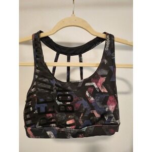 Reebok Sports Bra S/CH Black Geometric Print Low Impact Racerback Activewear
